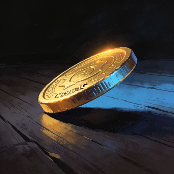 A single gold coin balanced on edge against a dark wood surface — FatPirate welcome bonus