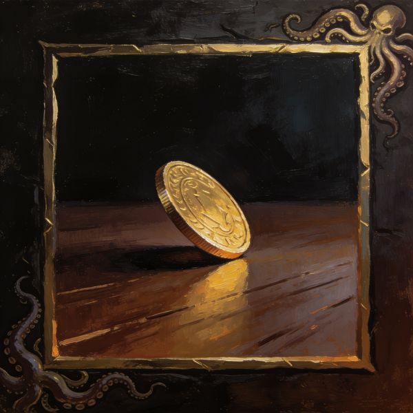 A single gold coin balanced on edge against a dark wood surface — FatPirate