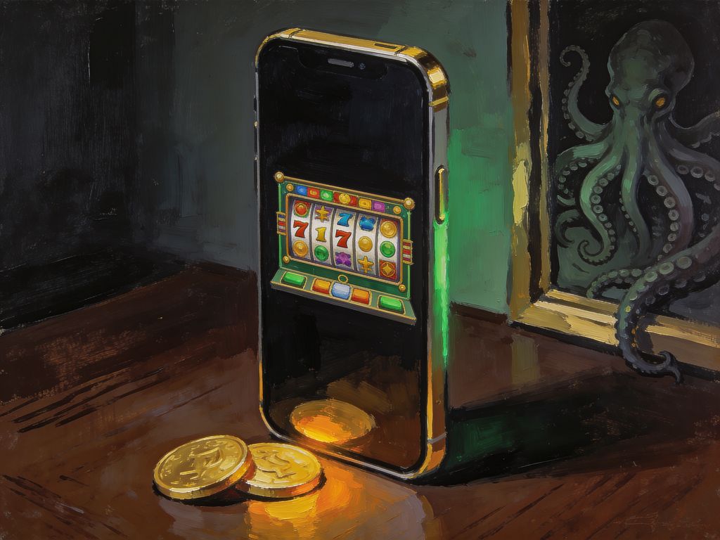 Smartphone displaying FatPirate casino on a dark wood surface with gold coins