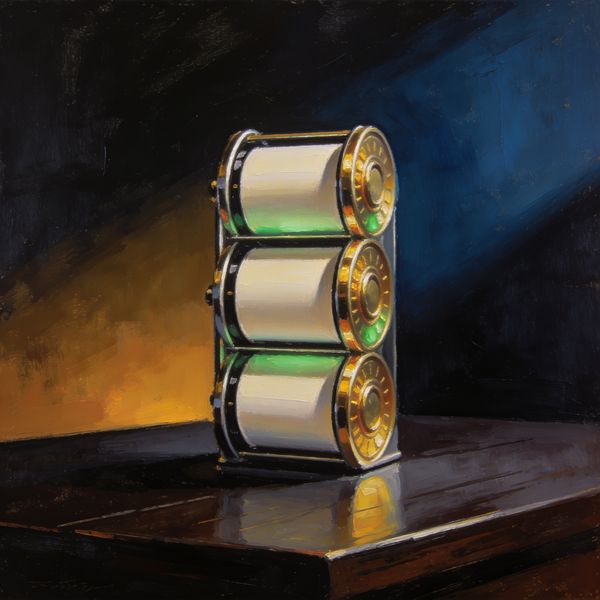 FatPirate free spins — painted illustration of a slot reel drum on dark wood