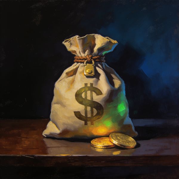 FatPirate cashback — painted illustration of a money bag with gold coins on dark wood